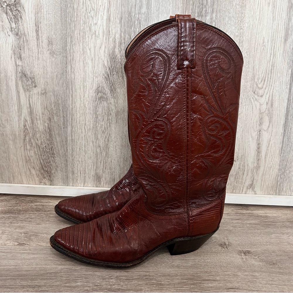 Vintage Dan Post Lizard Skin Cowboy Boots Womens 8.5 Brown Leather USA Western